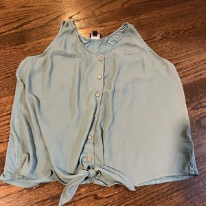 Teal tie front button up tank top
